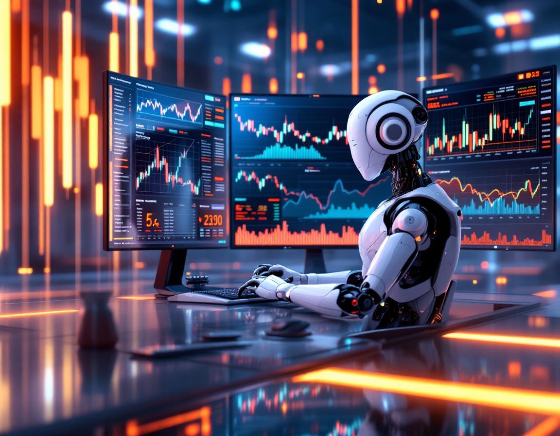 A hyper-realistic AI trading bot at a sleek workstation analyzing market data on multiple screens.