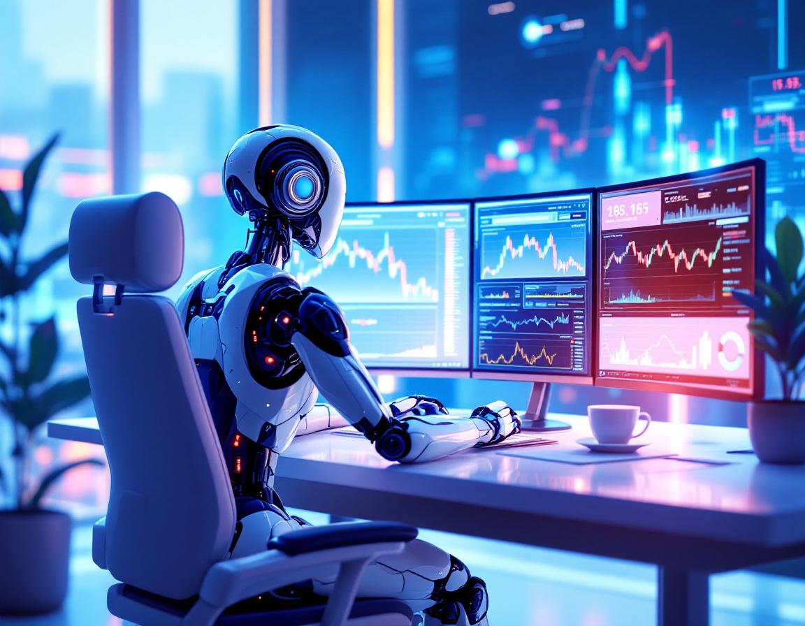 A hyper-realistic AI trading bot at a high-tech workstation analyzing stock and crypto market data.