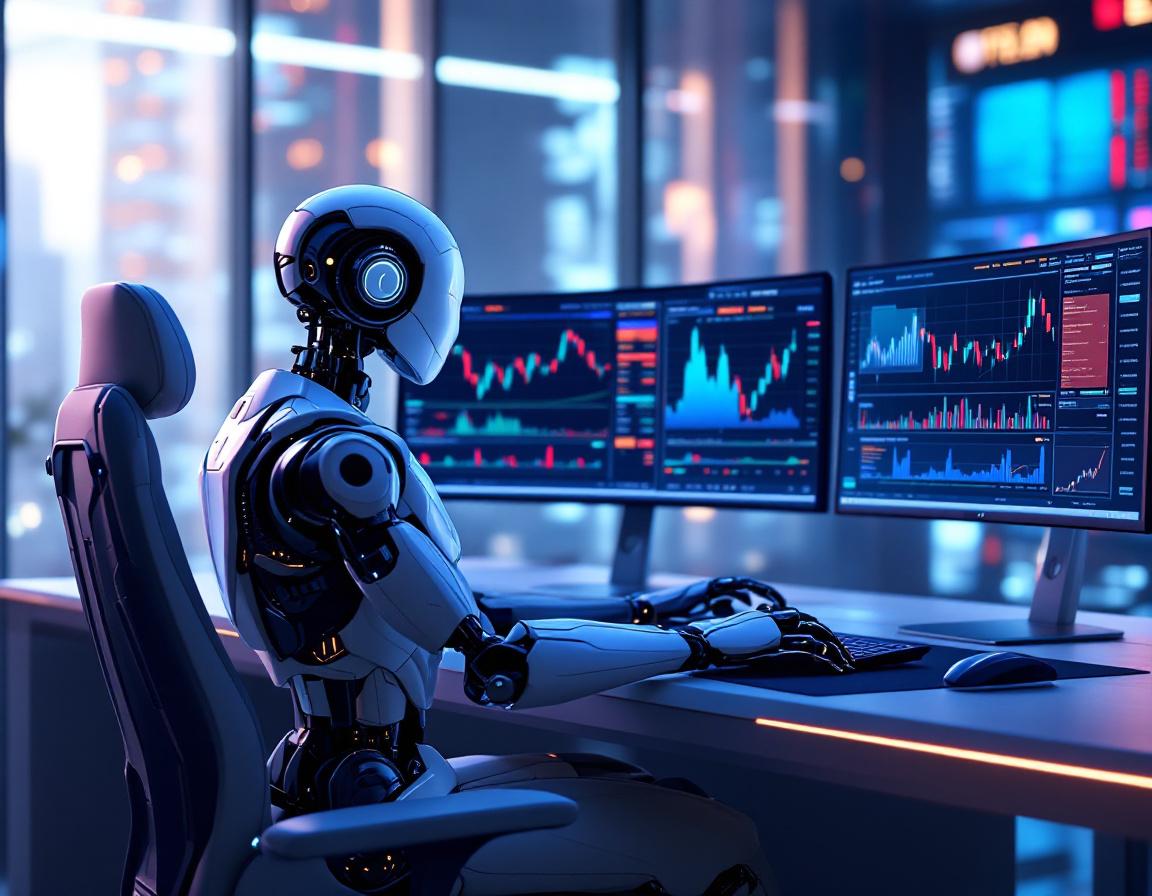 A hyper-realistic AI trading bot in a futuristic setting analyzes market data on multiple screens.