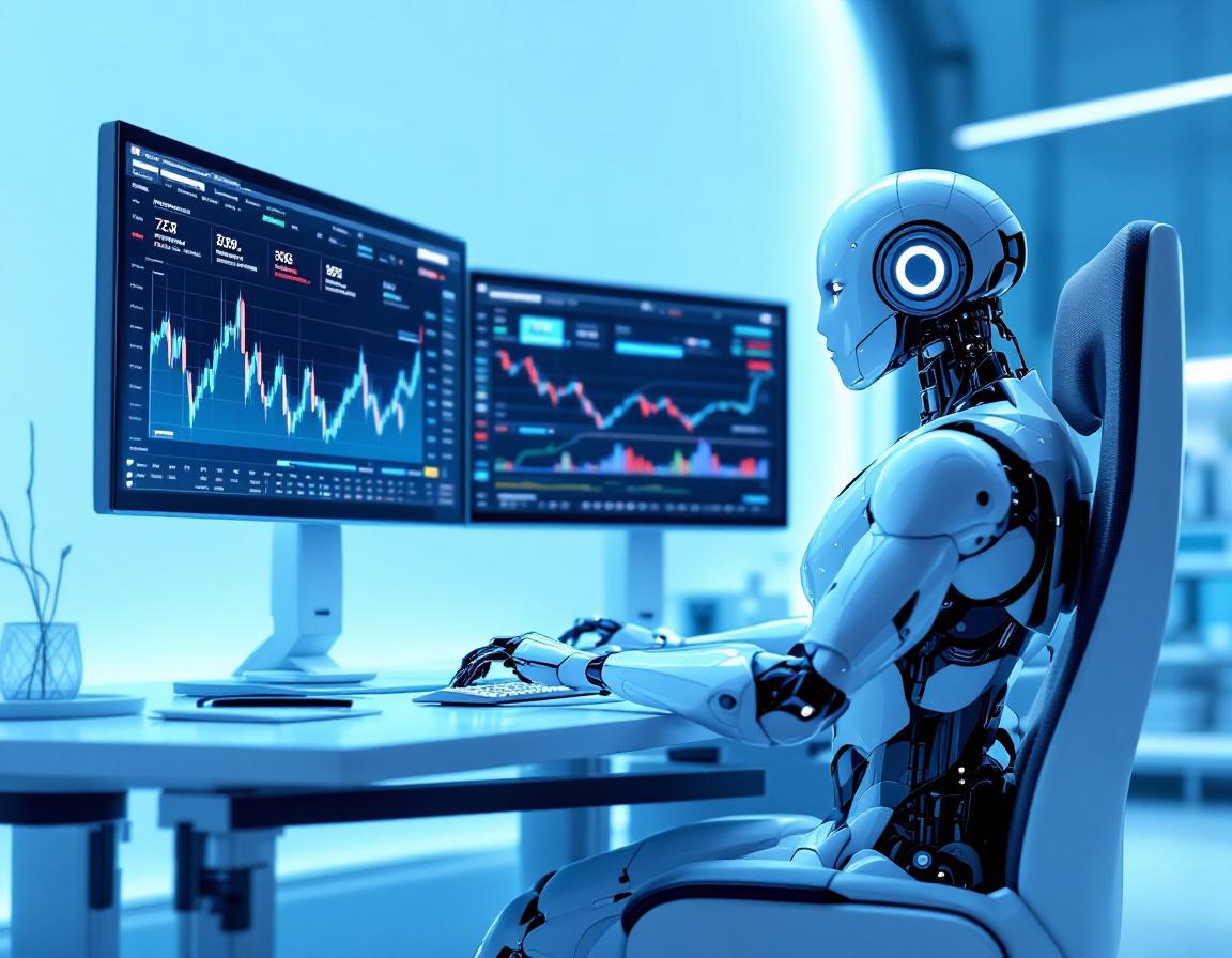 A hyper-realistic AI trading bot at a workstation analyzing crypto market data on multiple screens.