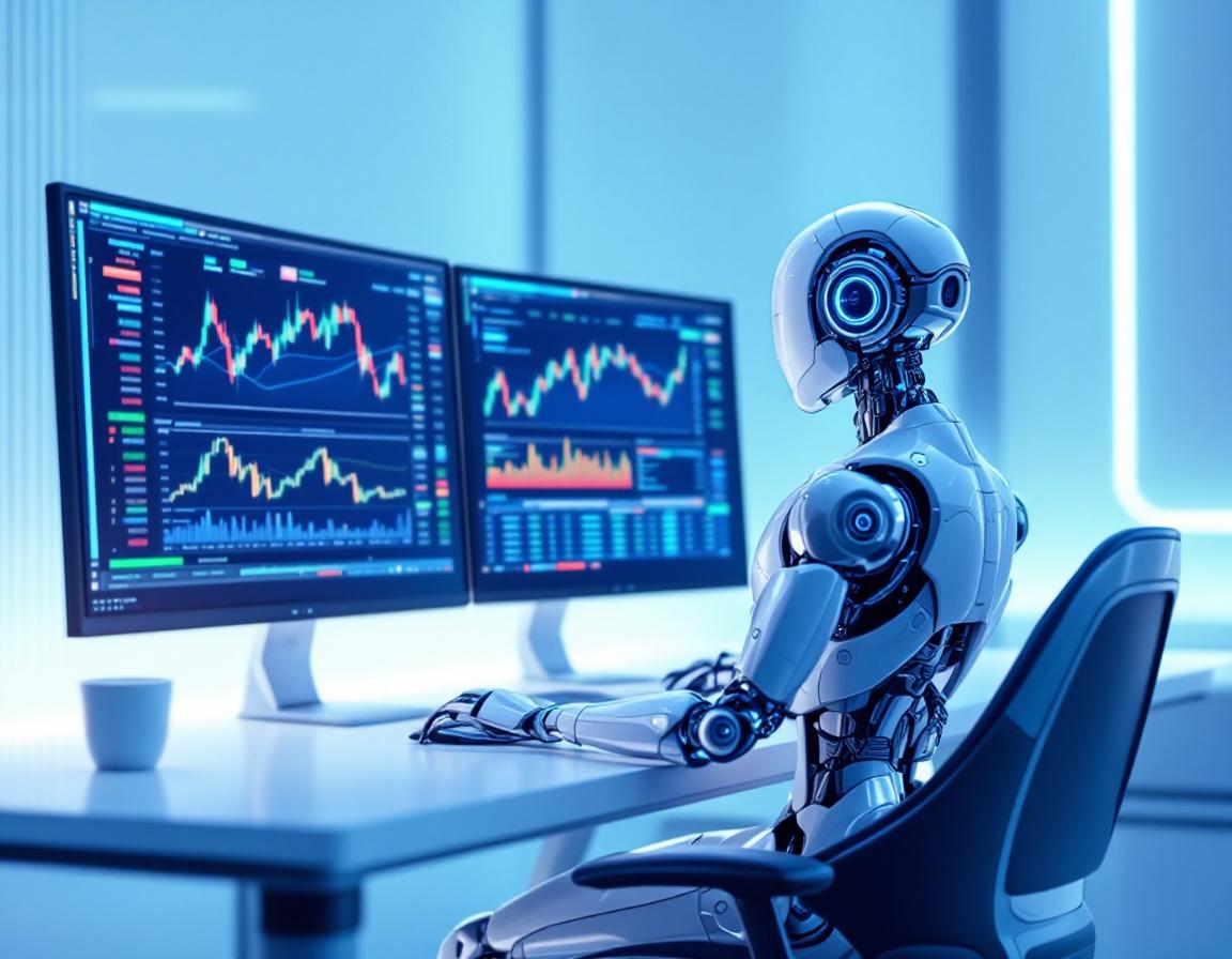 A hyper-realistic AI trading bot at a workstation, analyzing data across multiple market screens.
