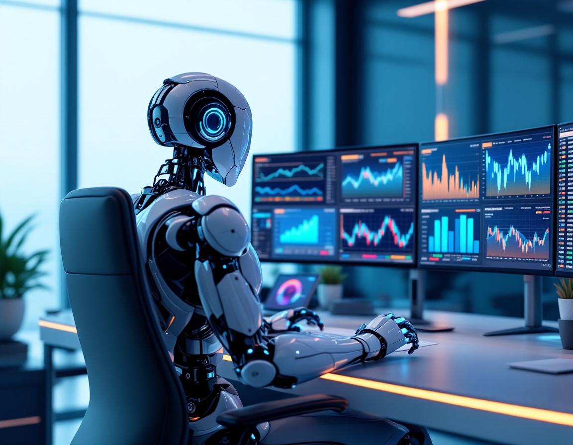 A humanoid AI trading bot analyzes market data at a high-tech workstation surrounded by screens.