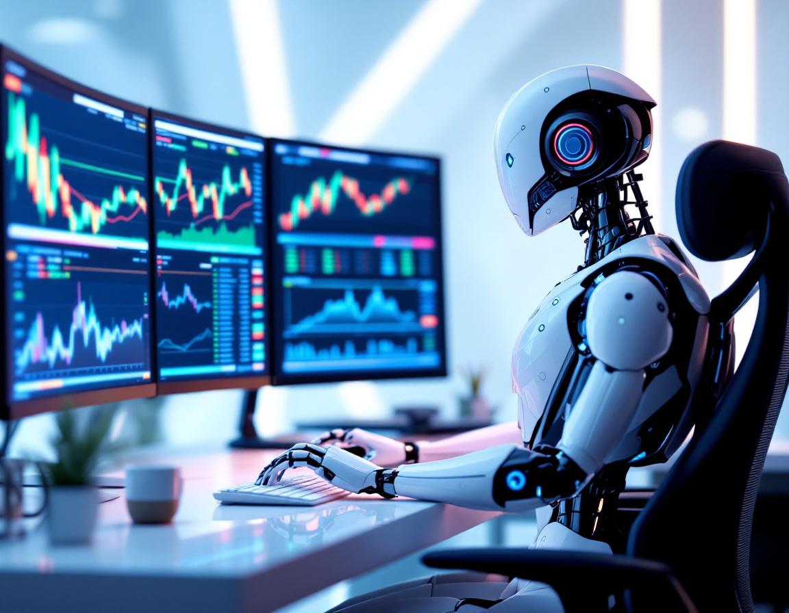 A hyper-realistic AI trading bot at a high-tech workstation, analyzing crypto and stock market data.