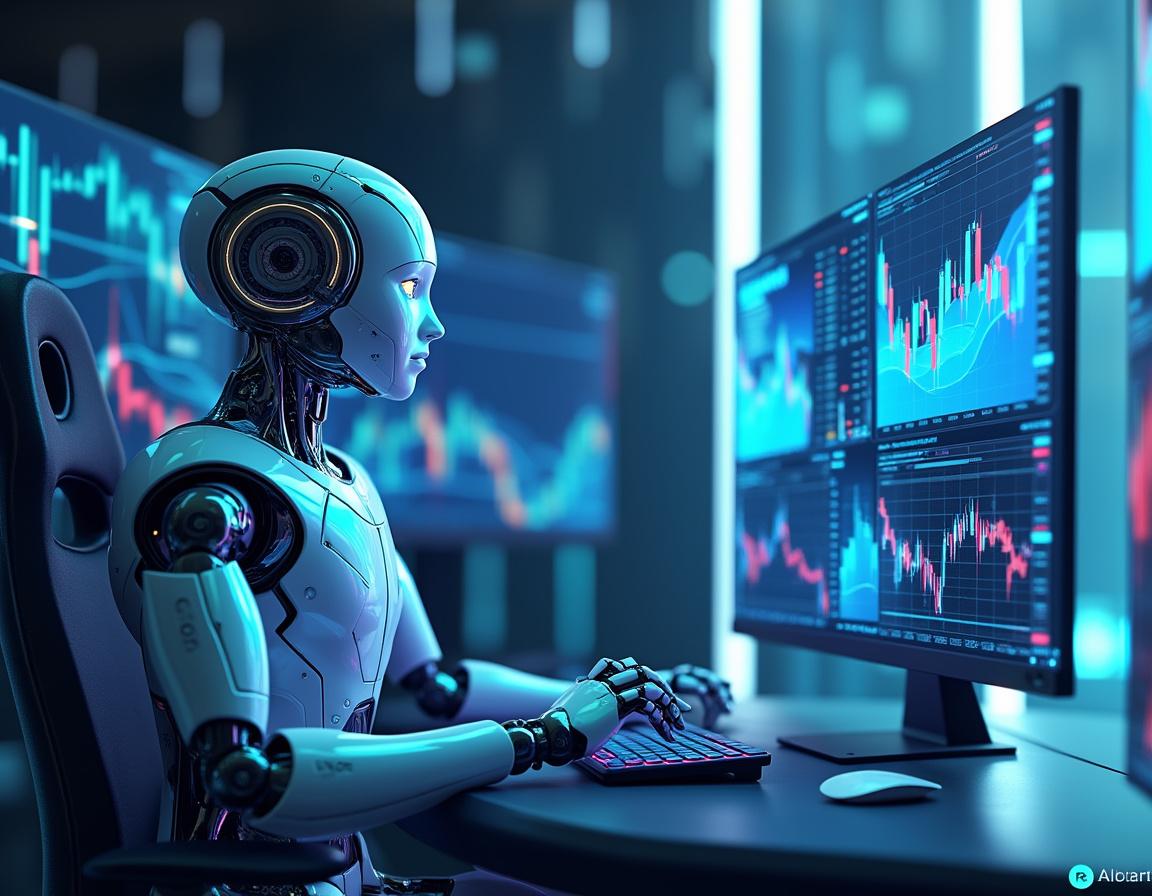 A humanoid AI trading bot analyzes market data at a high-tech workstation with multiple screens.