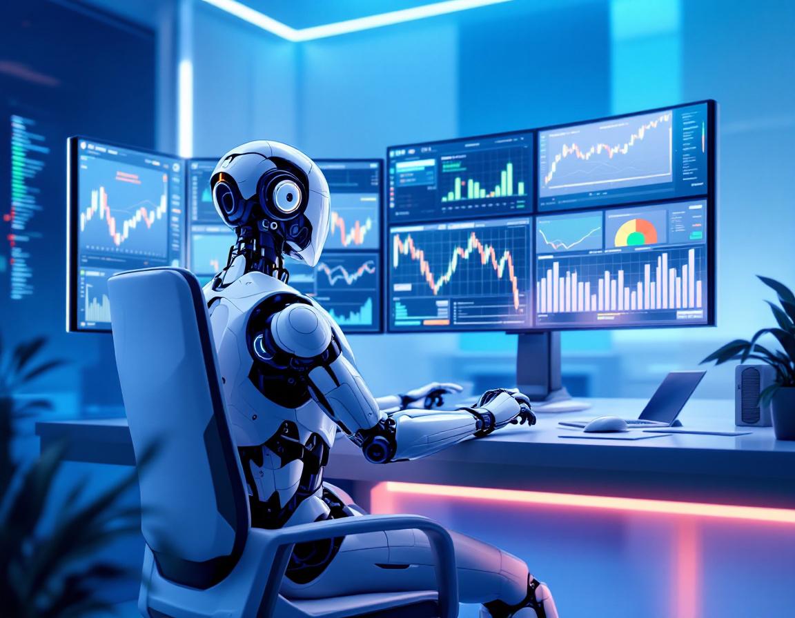 A hyper-realistic AI trading bot at a workstation, analyzing market data across multiple screens.