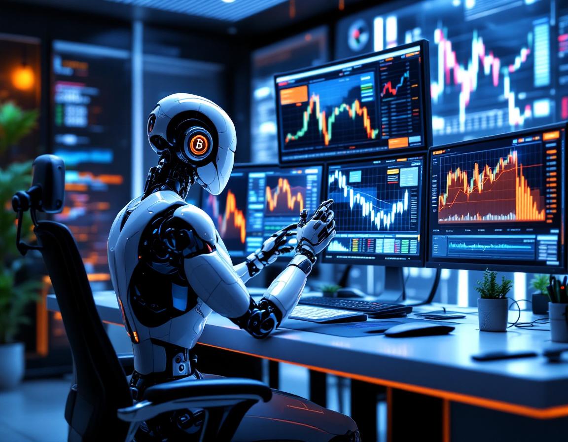 A sleek humanoid AI trading bot analyzes market data at a high-tech workstation, screens active.