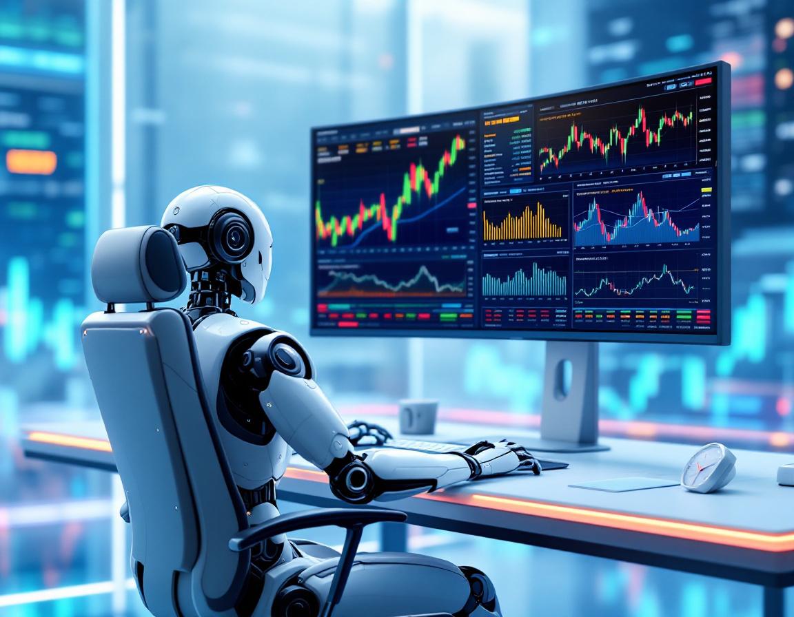 A hyper-realistic AI trading bot in a futuristic setting analyzes market data on multiple screens.