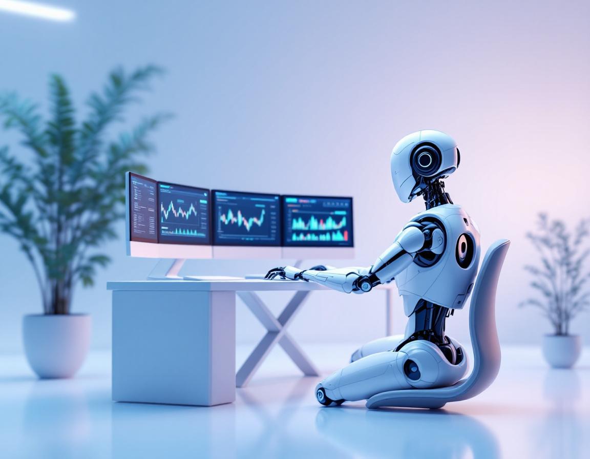 A hyper-realistic AI trading bot at a workstation, analyzing market data and executing trades.