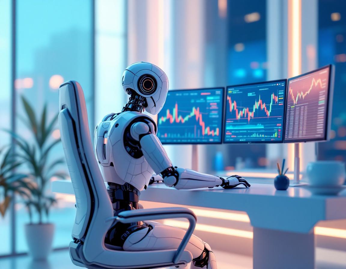 A futuristic AI trading bot analyzes market data at a high-tech workstation with glowing screens.