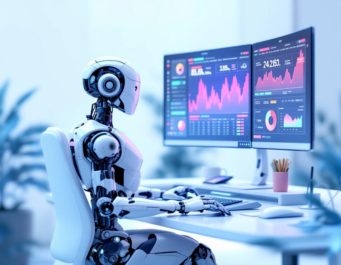 A humanoid AI trading bot at a high-tech workstation, analyzing market data on multiple screens.