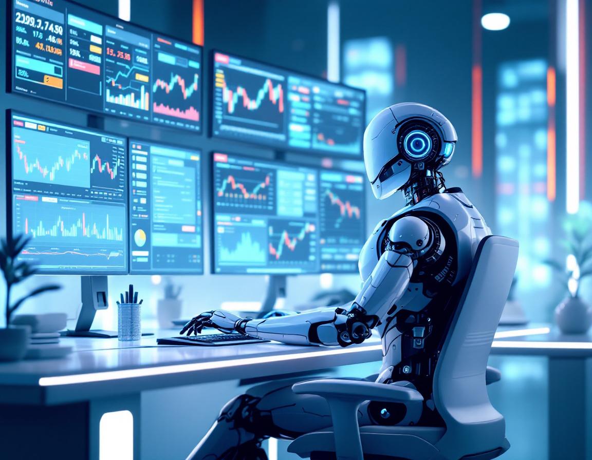 A humanoid AI trading bot at a workstation analyzing charts in a futuristic trading environment.