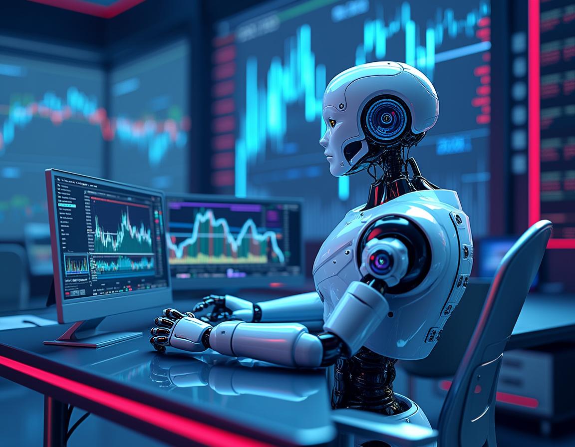 A hyper-realistic AI trading bot analyzes market data and executes trades in a futuristic setting.
