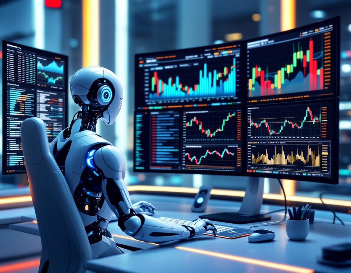 A hyper-realistic AI trading bot at a workstation, analyzing crypto data across multiple screens.