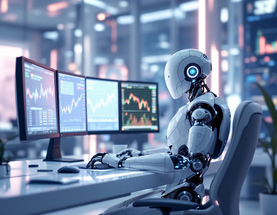 A humanoid AI trading bot at a high-tech workstation analyzing market data on multiple screens.