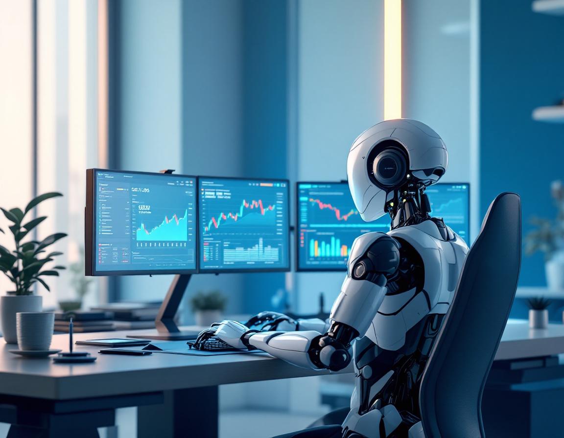 A humanoid AI trading bot analyzes market data at a futuristic workstation with glowing screens.