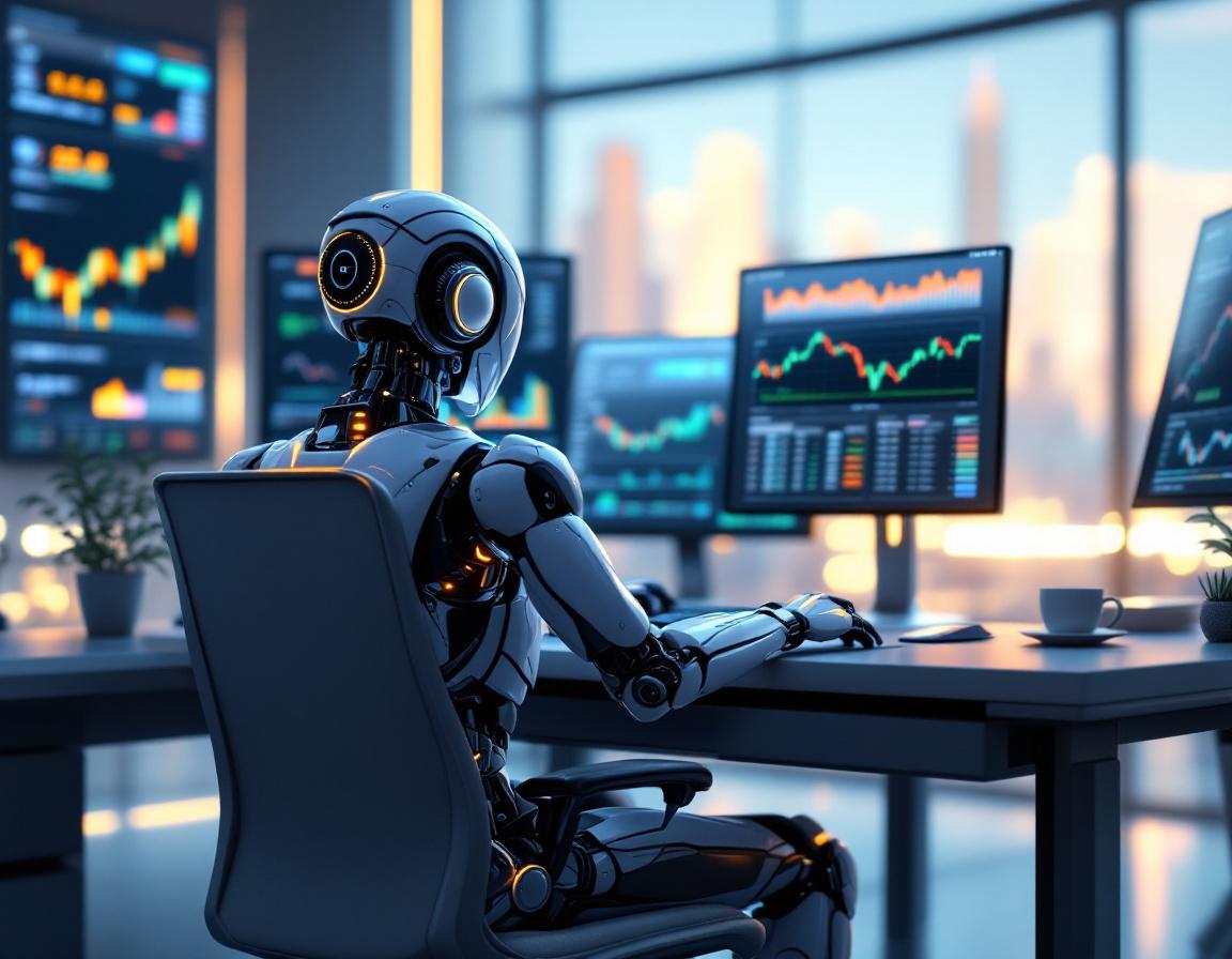 A humanoid AI trading bot at a high-tech workstation analyzing market data on multiple screens.