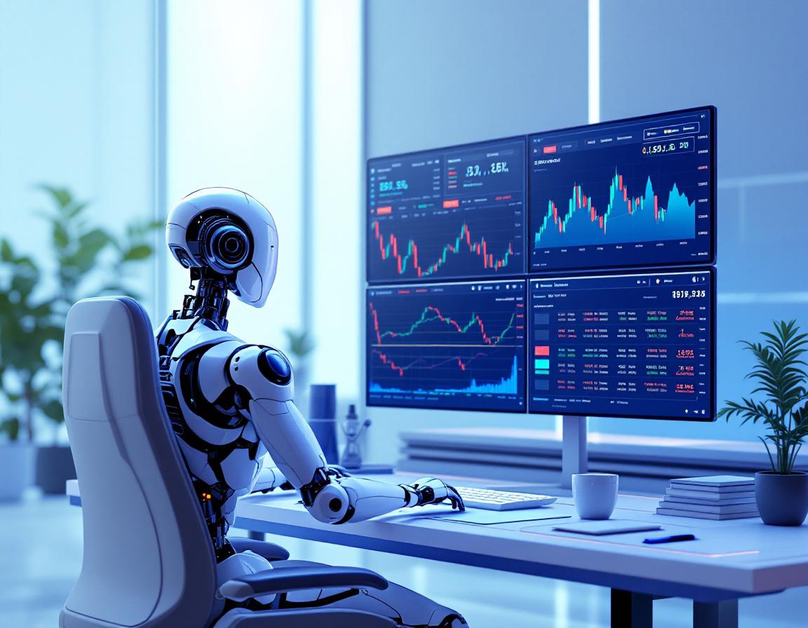 A hyper-realistic AI trading bot in a high-tech environment analyzing stock and crypto market data.