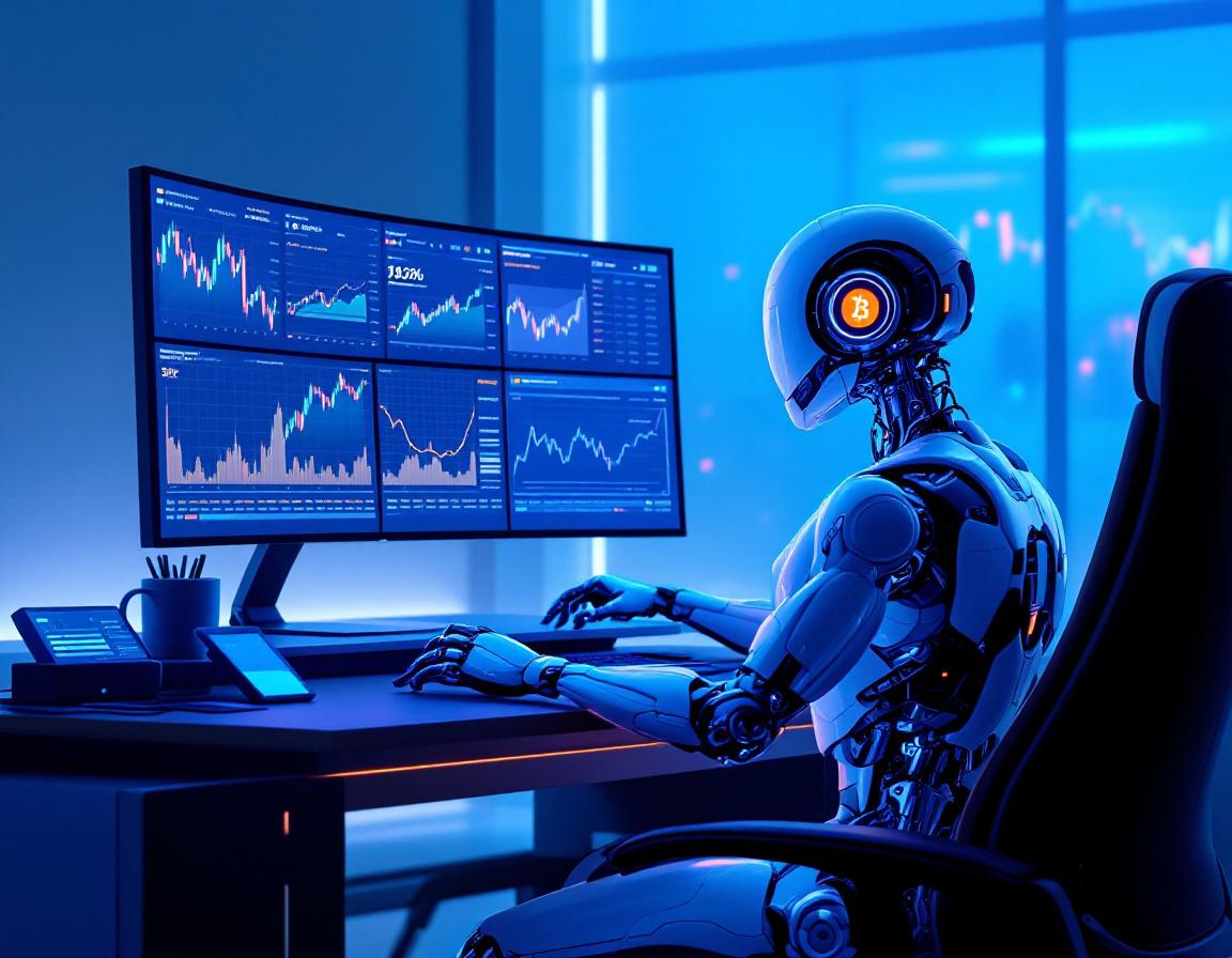 A hyper-realistic AI trading bot at a workstation, analyzing market data with multiple screens.