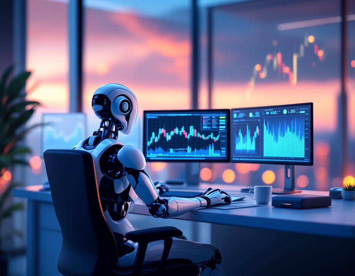 A hyper-realistic AI trading bot at a high-tech workstation analyzing markets with multiple screens.