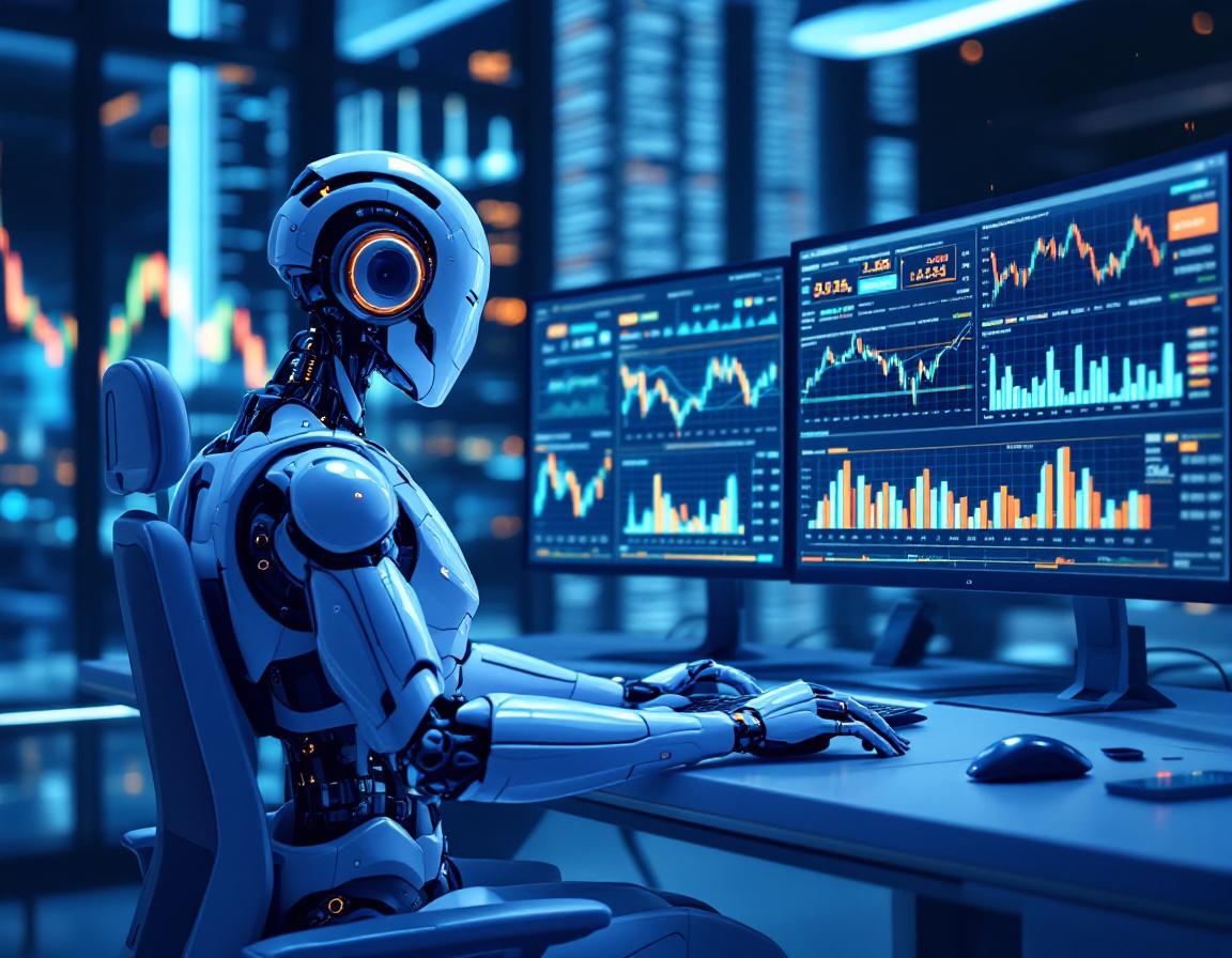 A hyper-realistic AI trading bot at a sleek workstation analyzing market data on multiple screens.