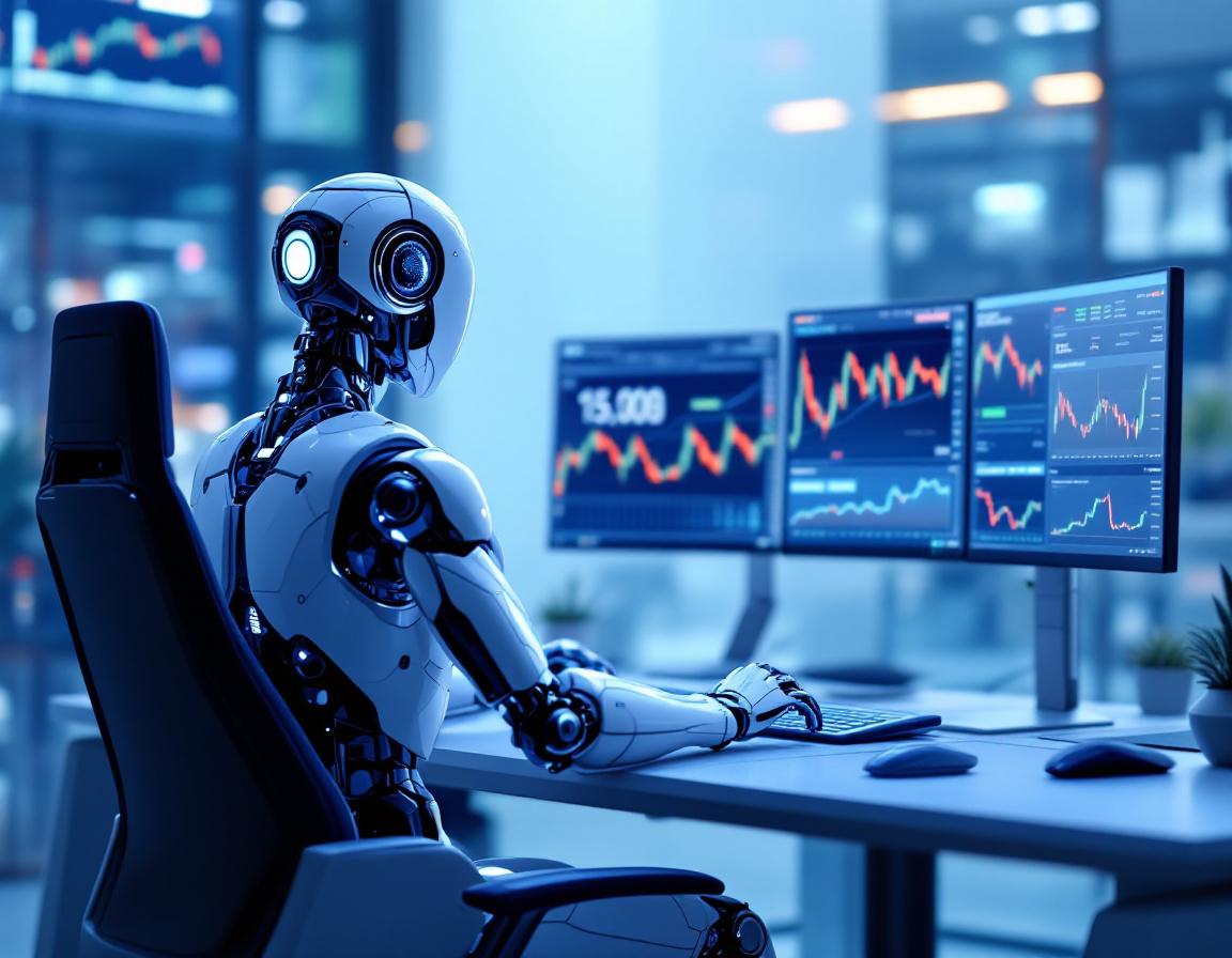 A humanoid AI trading bot at a high-tech station analyzes market data on multiple glowing screens.
