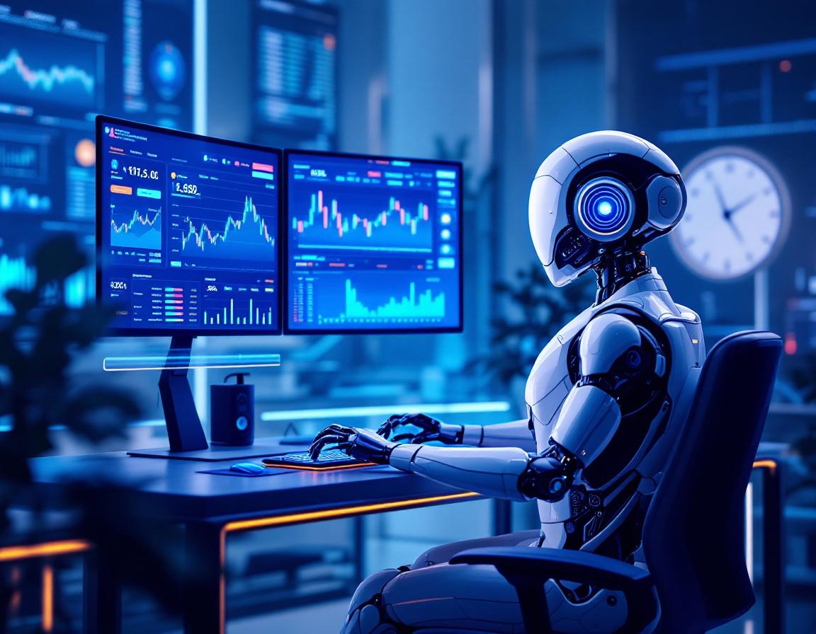 A humanoid AI trading bot at a high-tech workstation analyzes market data on multiple screens.