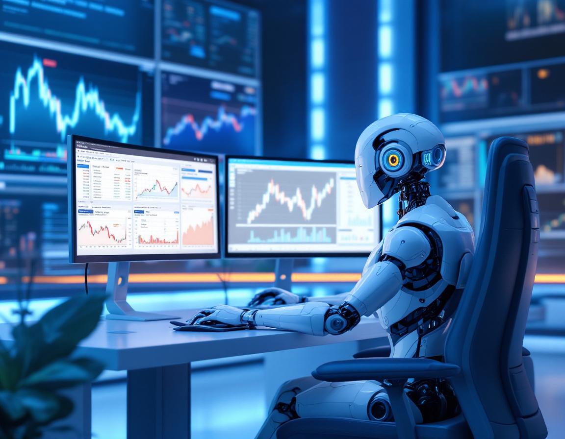 A sleek humanoid AI trading bot at a high-tech workstation analyzes data on multiple screens.