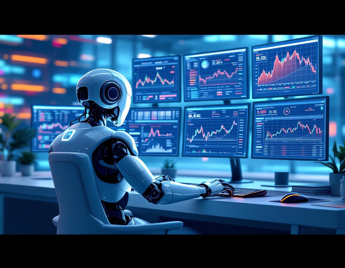 A humanoid AI trading bot analyzes market data at a high-tech workstation with glowing screens.