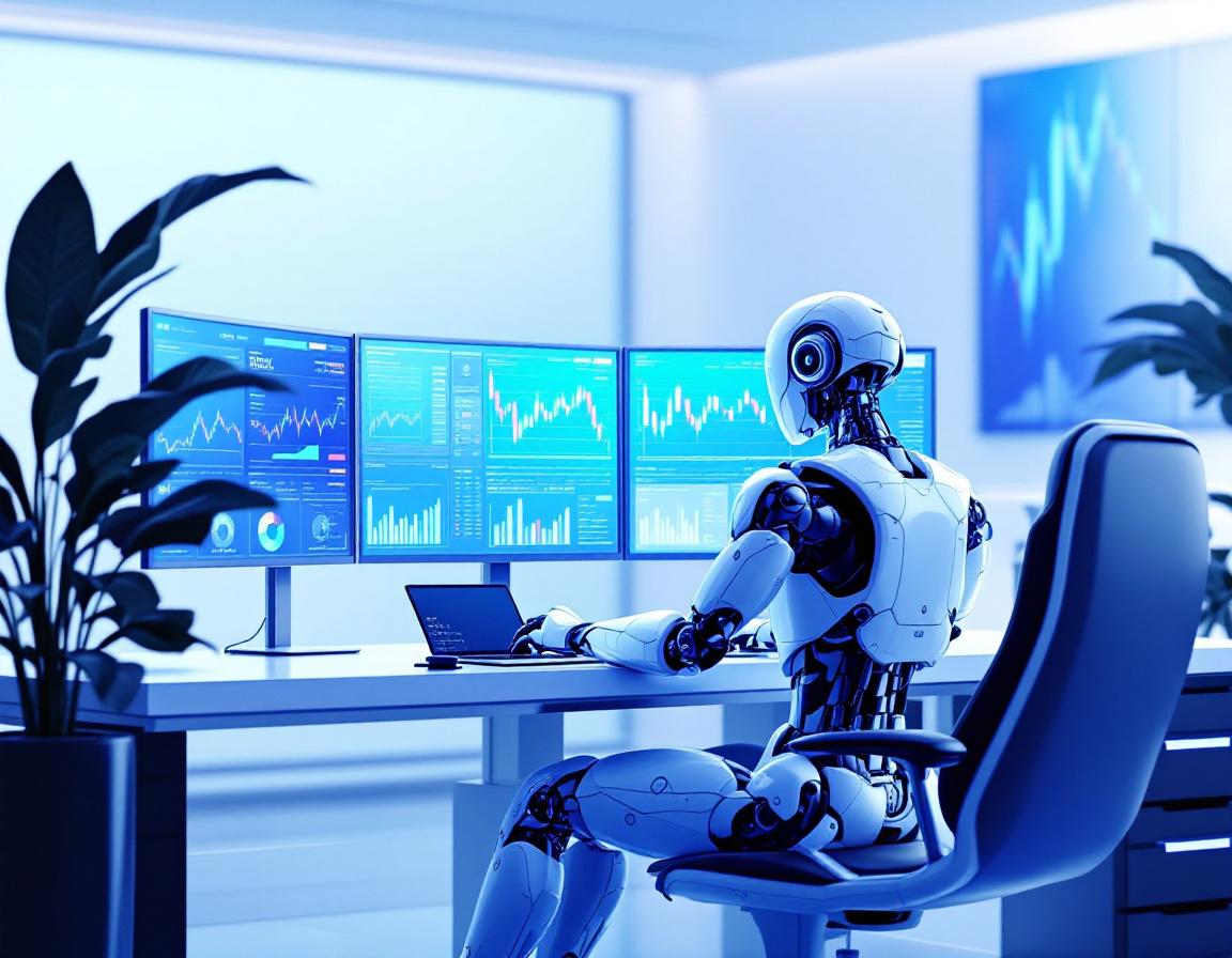 A futuristic AI trading bot at a workstation, analyzing market data on multiple screens.