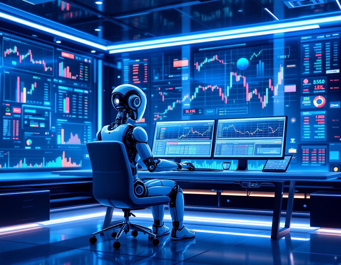 A humanoid AI trading bot at a workstation, analyzing markets with screens displaying data charts.