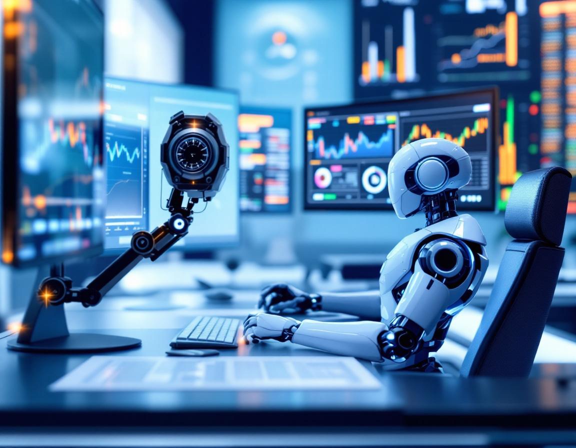 A hyper-realistic AI trading bot at a workstation, analyzing market data on multiple screens.