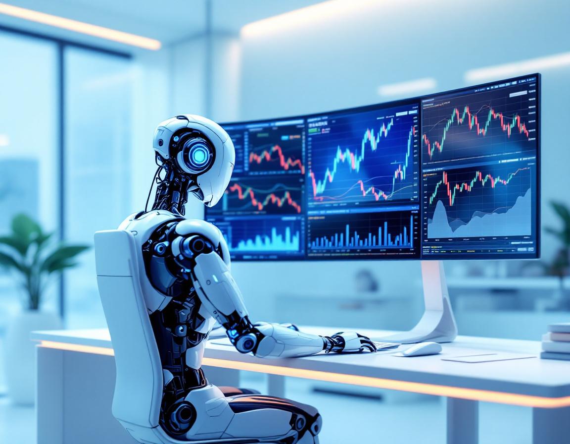 A humanoid AI trading bot analyzes market data at a workstation in a futuristic trading environment.