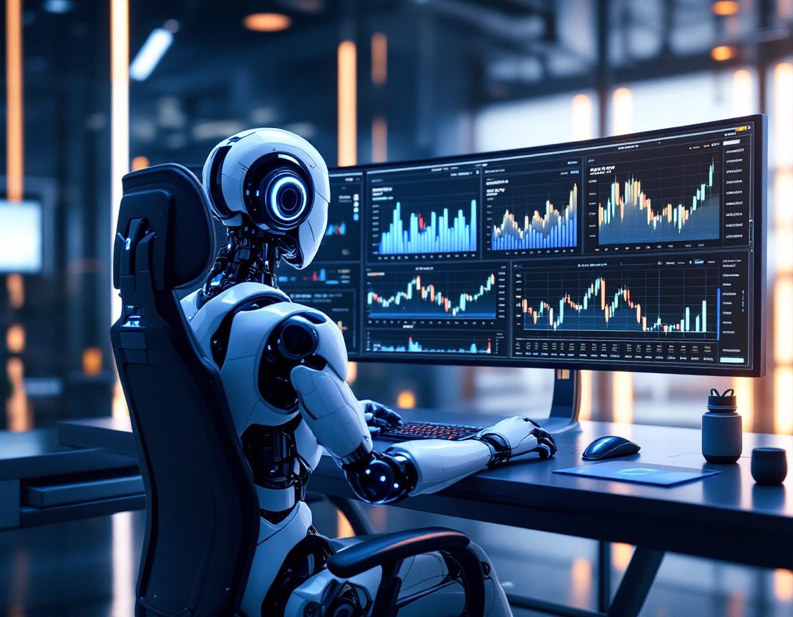 A humanoid AI trading bot analyzes market data at a high-tech workstation with glowing screens.