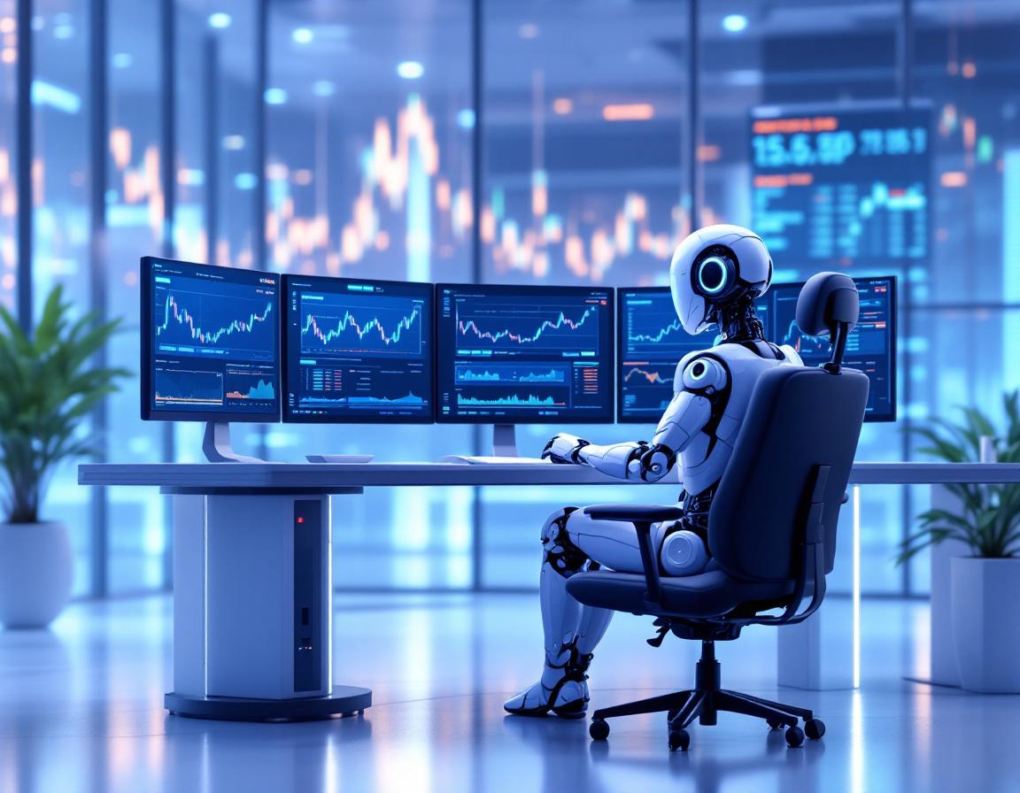 A humanoid AI trading bot analyzes market data at a high-tech workstation with glowing screens.