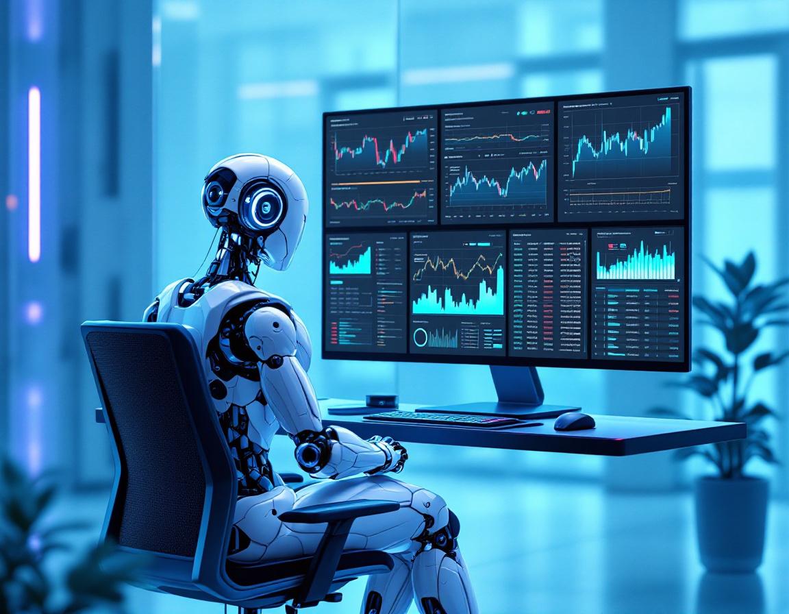 A humanoid AI trading bot analyzes market data at a high-tech workstation, surrounded by screens.