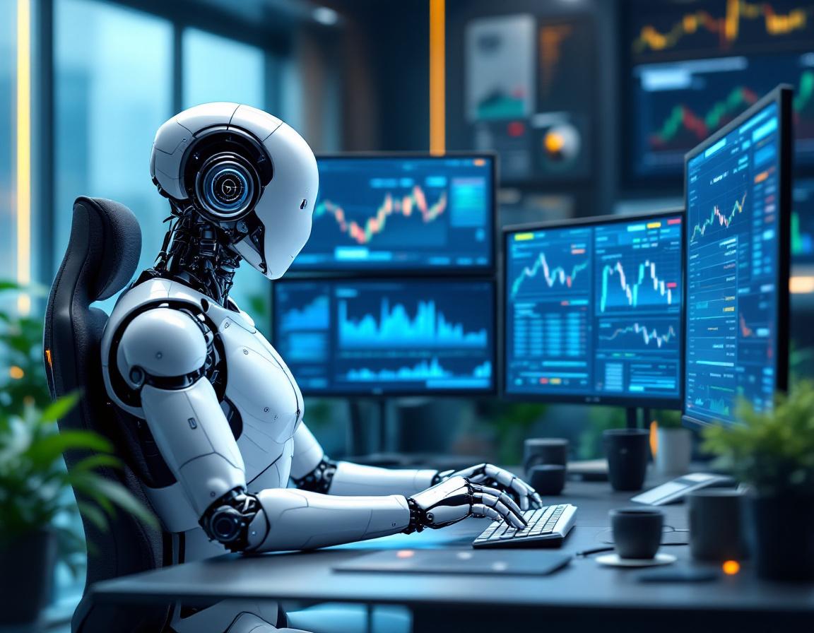 A futuristic AI trading bot at a high-tech workstation analyzing stock and crypto market data.