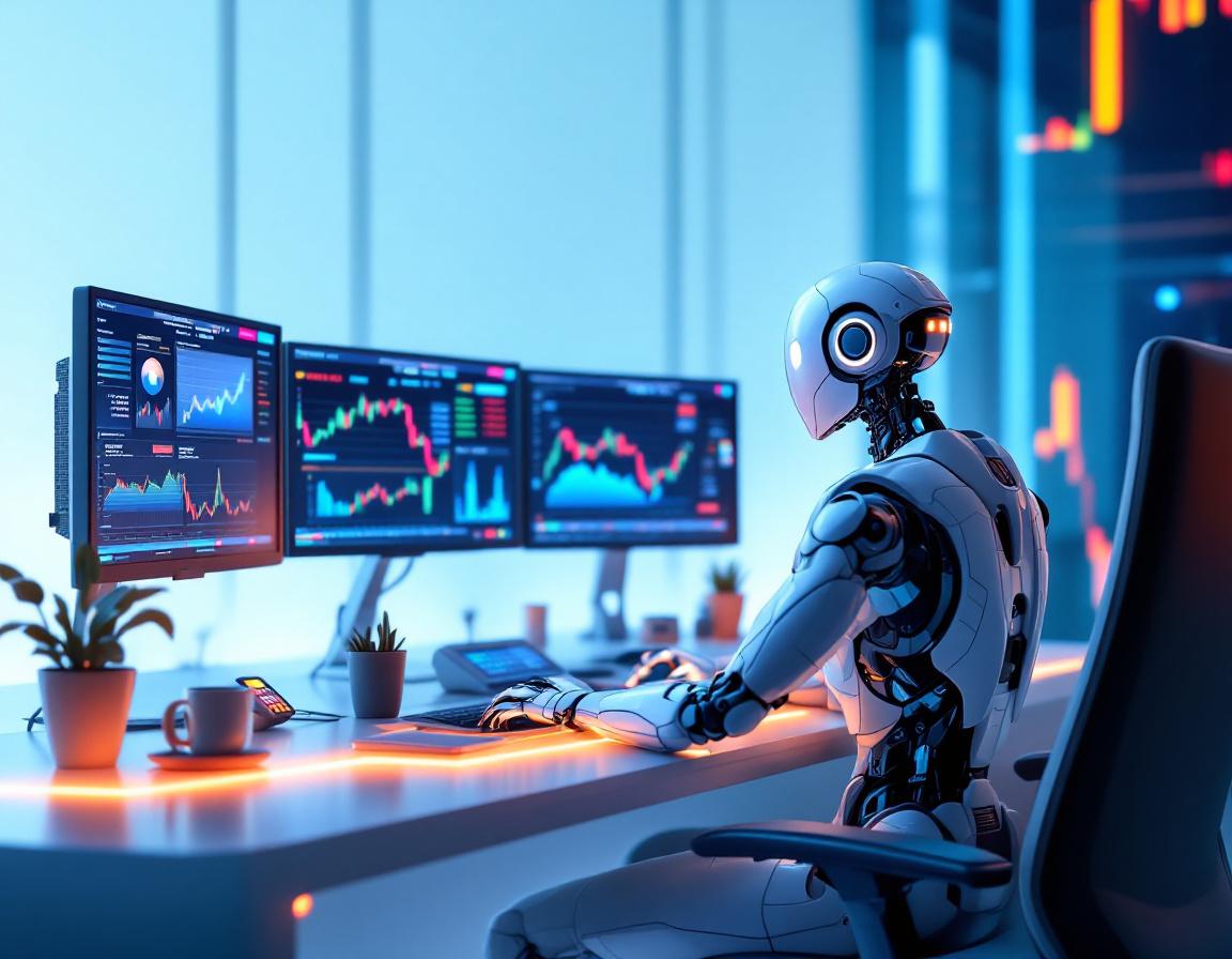 A hyper-realistic AI trading bot at a workstation, analyzing markets on multiple screens, calm mood.