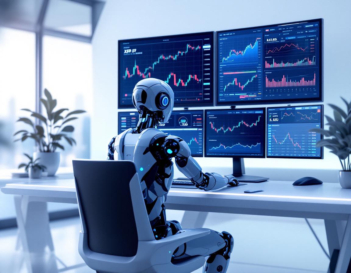 A hyper-realistic AI trading bot analyzes market data at a sleek workstation with multiple screens.