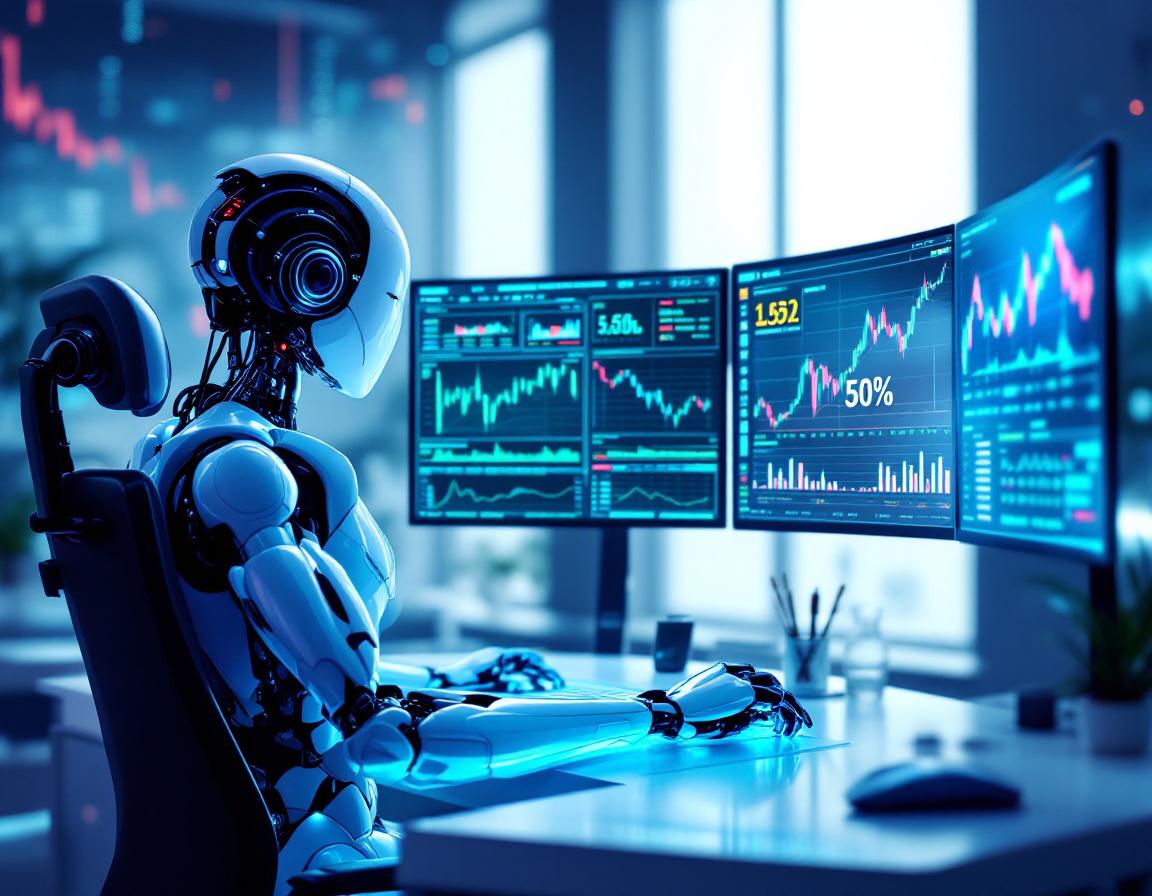 A humanoid AI trading bot analyzes market data at a high-tech workstation with multiple screens.