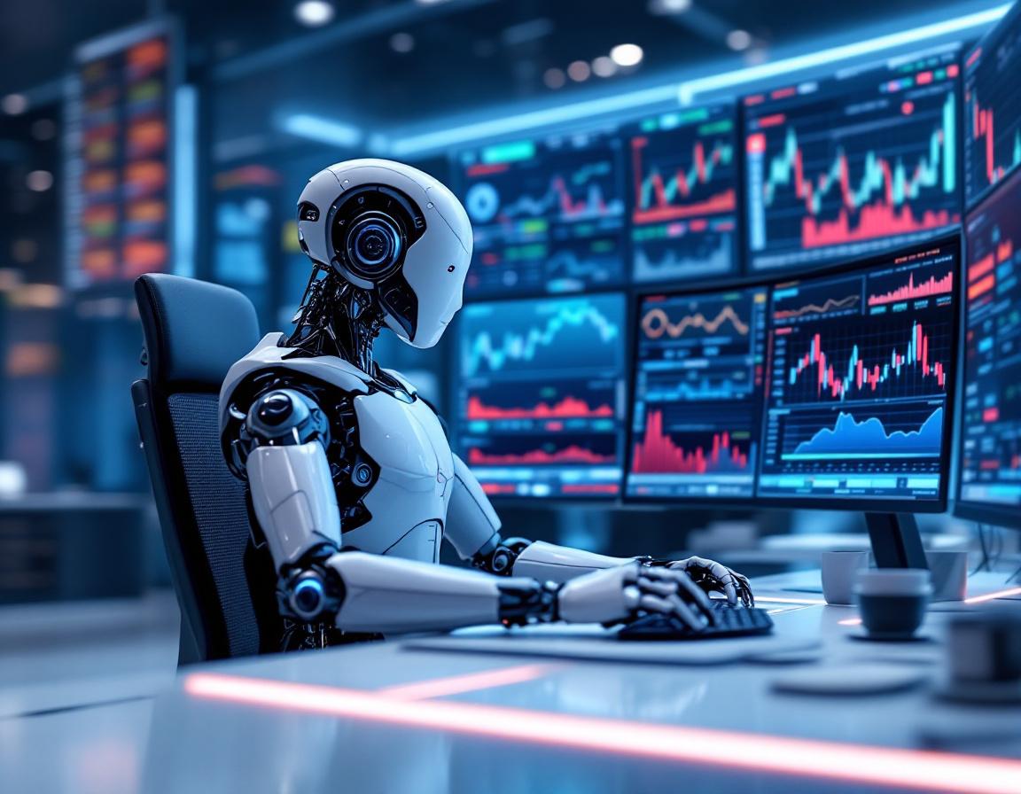 A humanoid AI trading bot analyzes market data at a high-tech workstation, screens display trends.