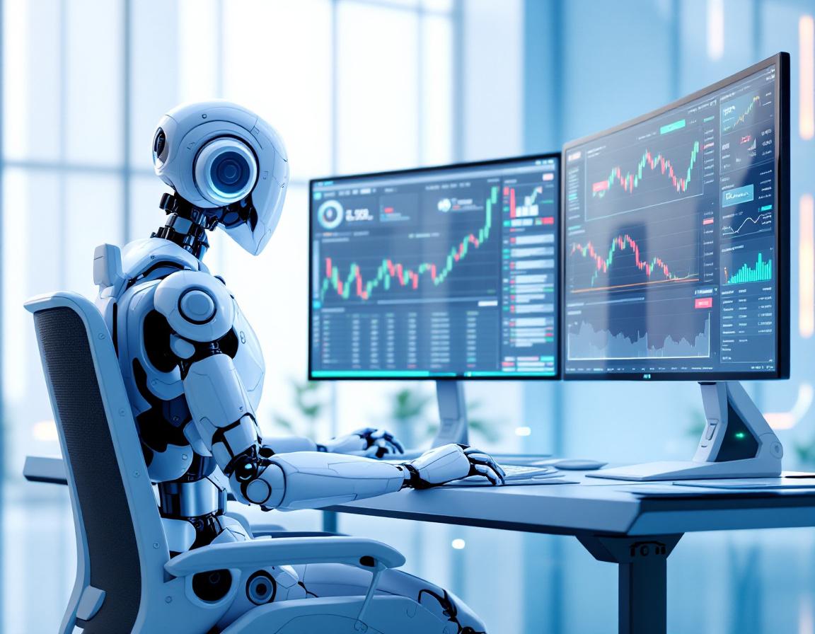 A humanoid AI trading bot at a high-tech workstation analyzes market data on multiple screens.