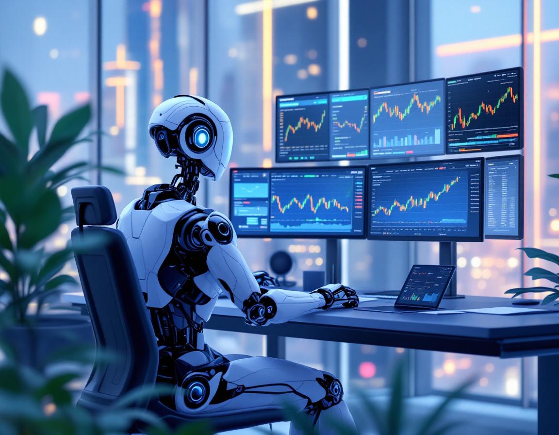A humanoid AI trading bot at a high-tech workstation analyzes market data on multiple screens.