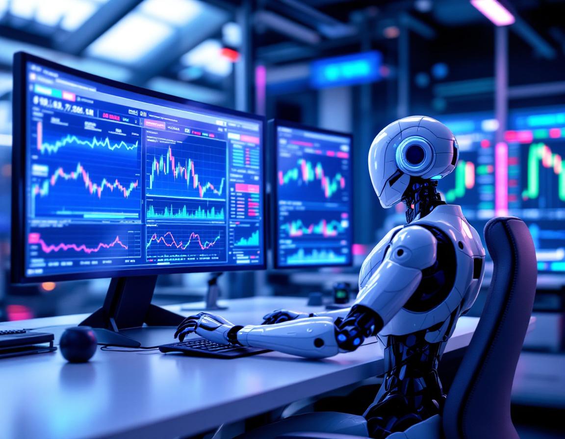 A humanoid AI trading bot at a high-tech workstation analyzing market data across multiple screens.