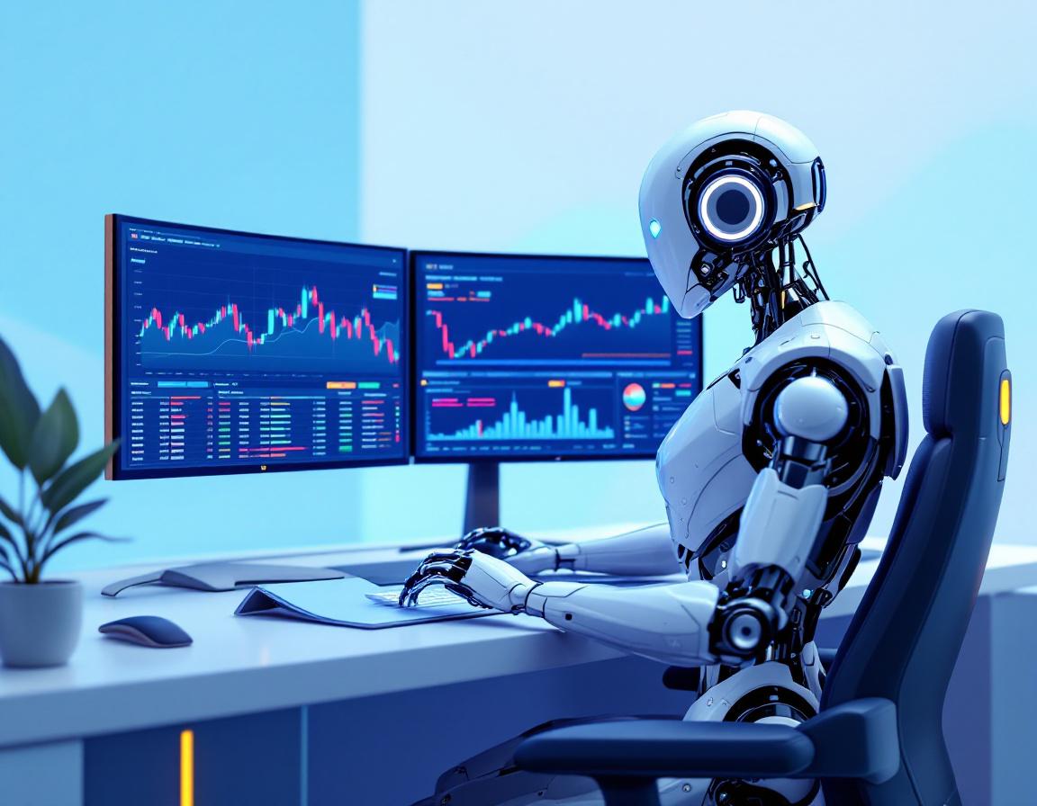 A hyper-realistic AI trading bot at a futuristic workstation, analyzing data on multiple screens.