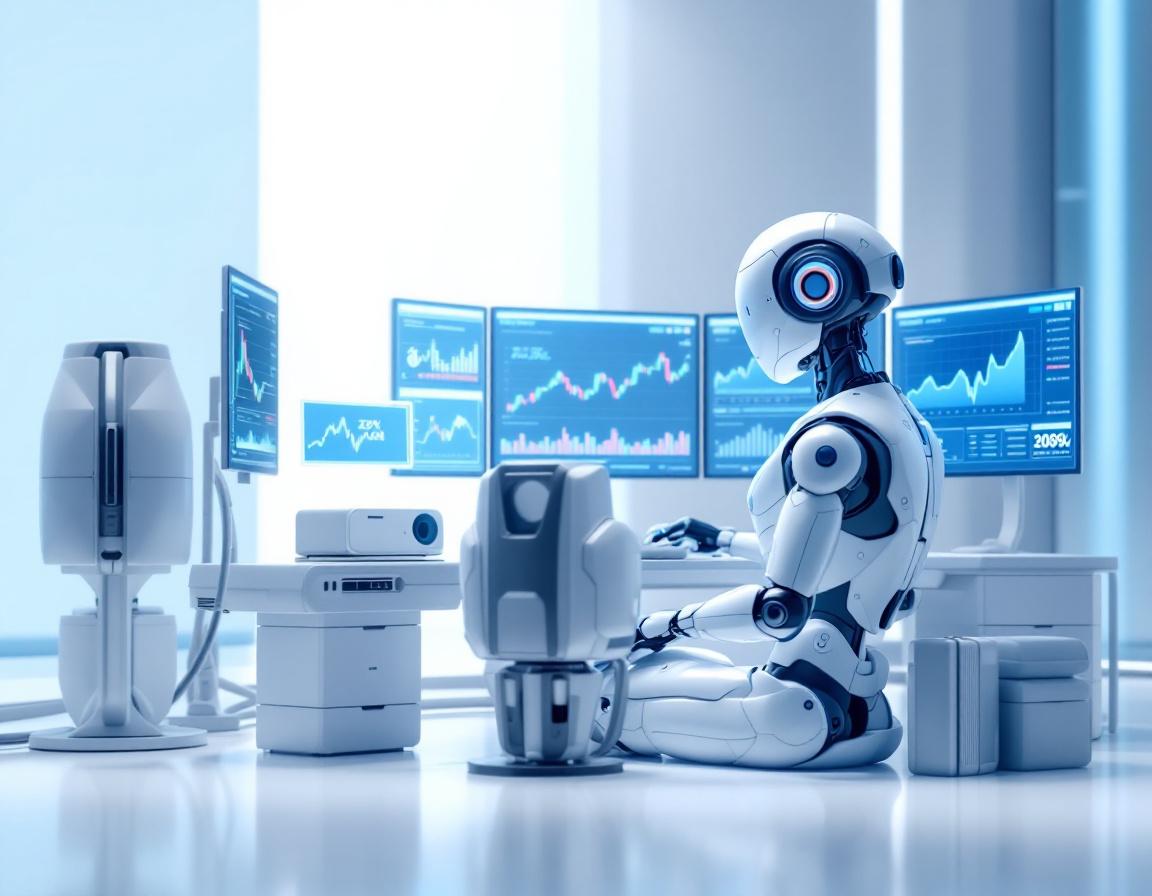 A humanoid AI trading bot analyzes crypto market data at a sleek workstation with glowing screens.