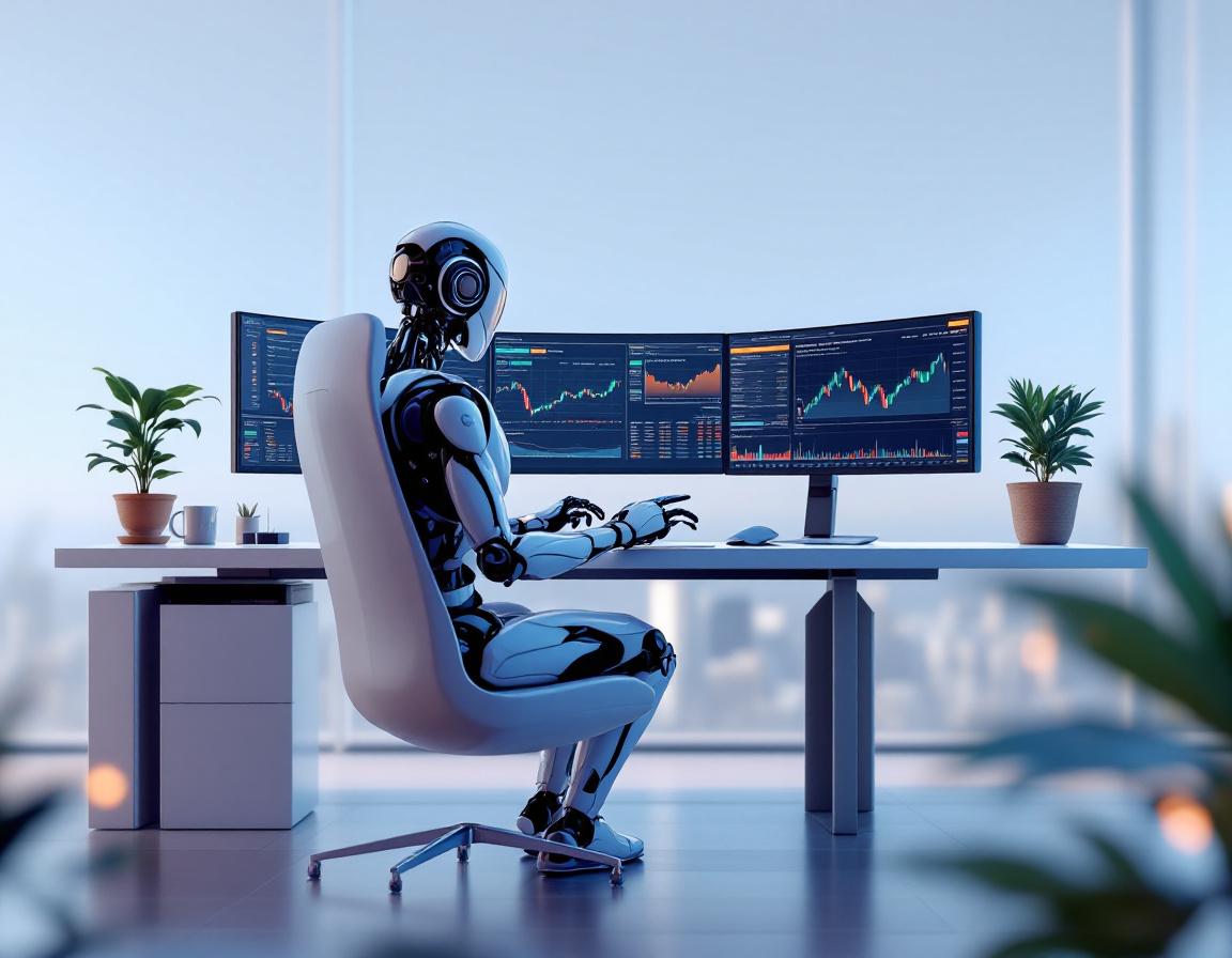 A humanoid AI trading bot analyzes market data at a sleek workstation in a futuristic setting.