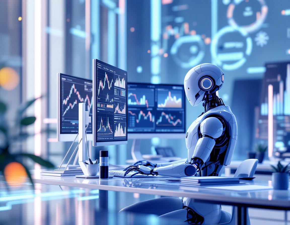 A hyper-realistic AI trading bot at a workstation, analyzing crypto market data on multiple screens.