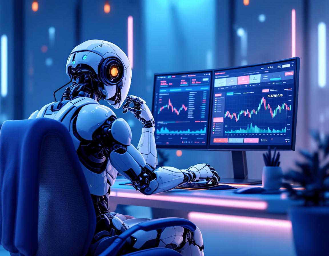 A humanoid AI trading bot at a workstation, analyzing market data on multiple glowing screens.