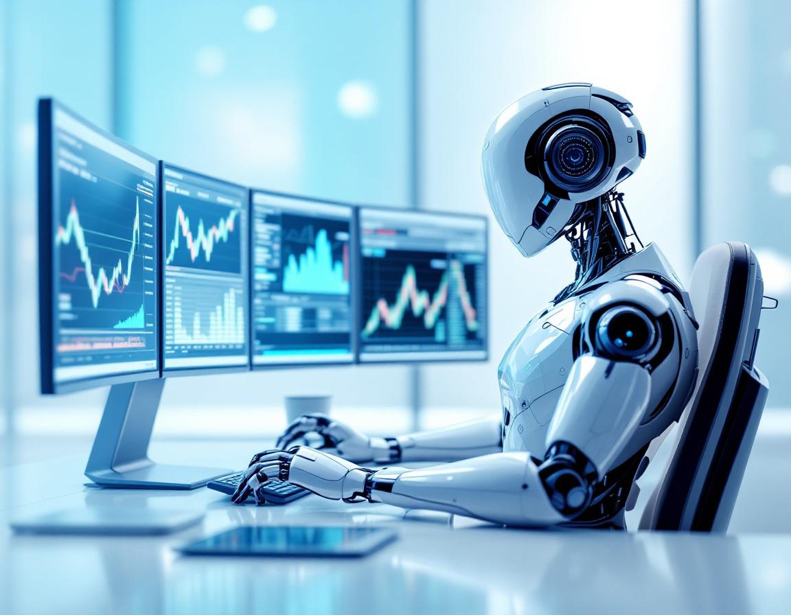 A humanoid AI trading bot at a high-tech workstation analyzing market data on multiple screens.