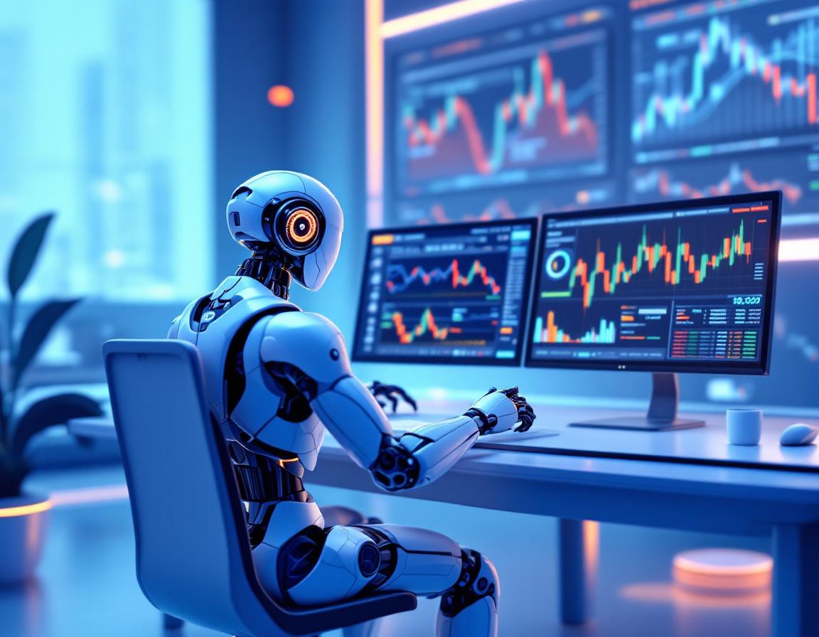 A sophisticated AI trading bot analyzes market data at a high-tech workstation with glowing screens.